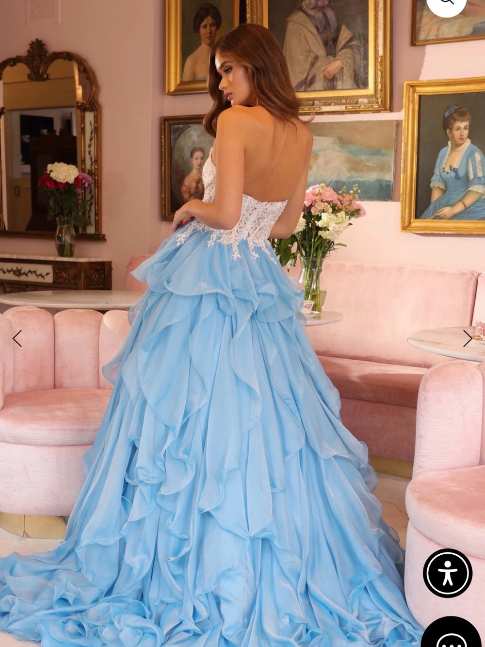 Strapless Lace Bodice Sky Blue Ruffled Prom Gown